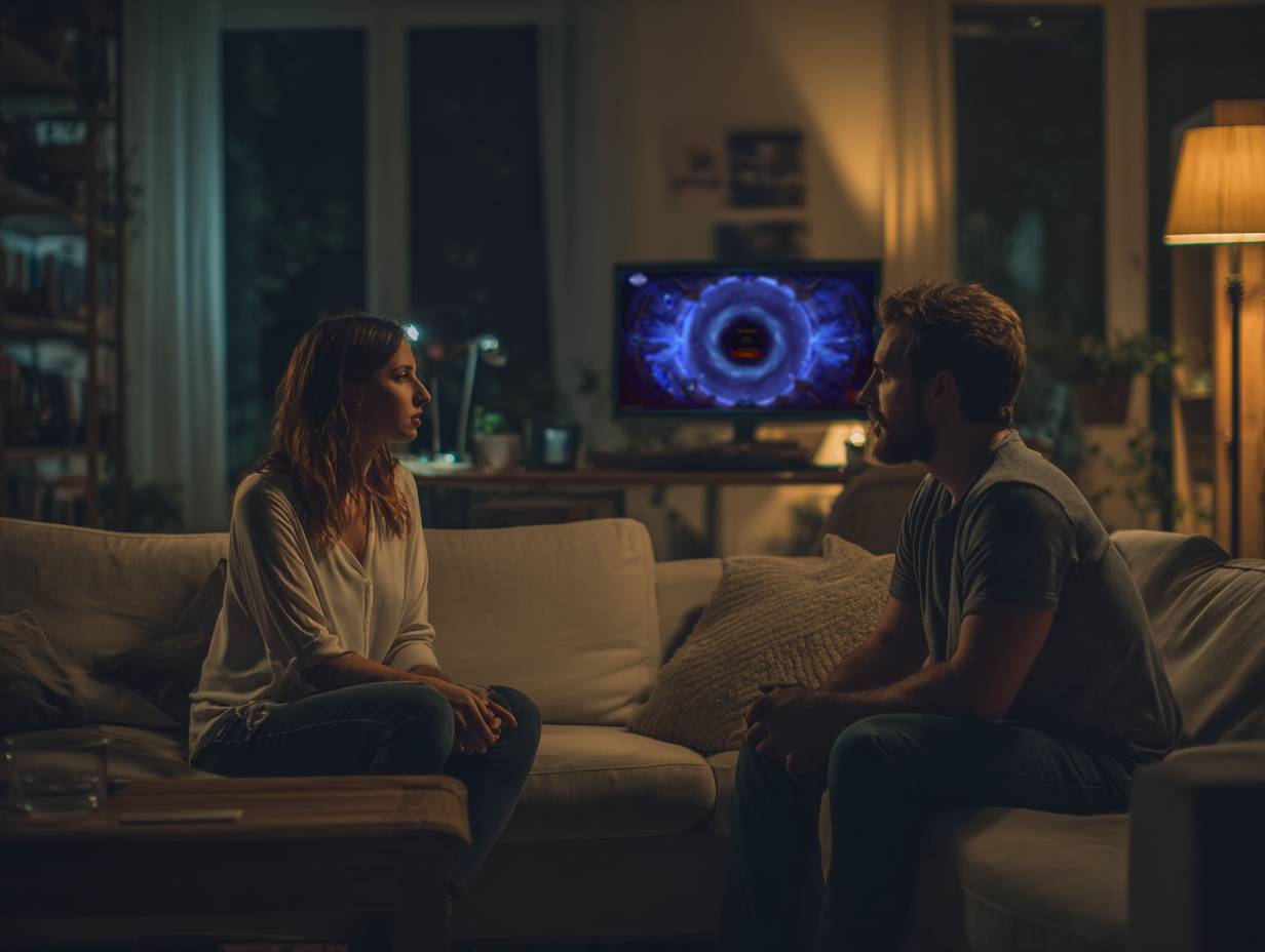 A couple on a beige couch in a warm living room. The woman speaks earnestly while the man nods, but his eyes are slightly angled toward a desk where a monitor displays a raid UI with DBM timers.