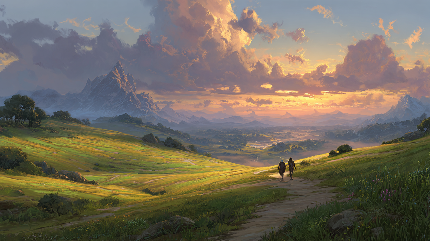 A serene landscape blending rolling hills resembling Mulgore, a sunrise with a faint Horde emblem in the clouds, and a couple walking hand-in-hand on a path resembling the road to Orgrimmar.